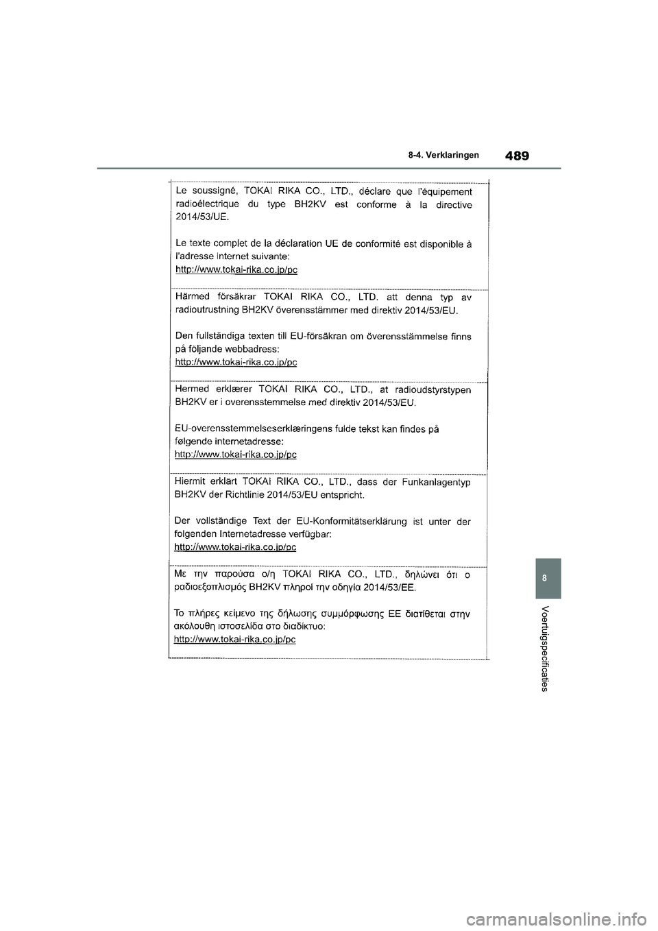TOYOTA YARIS 2021  Brugsanvisning (in Danish) 489
8
YARIS(HB) HV Handleiding_Europa_MK0010_nl
8-4. Verklaringen
Voertuigspecificaties
YARIS(HB)_HV_OM_Europe_OMK0010E.book  Page 489  Thursday, March 12, 2020  4:25 PM 