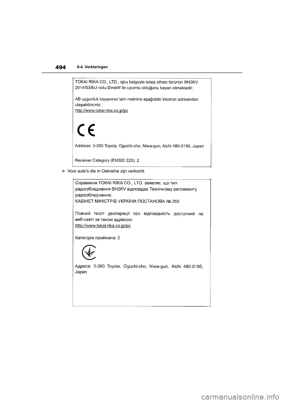 TOYOTA YARIS 2021  Brugsanvisning (in Danish) 494
YARIS(HB) HV Handleiding_Europa_MK0010_nl
8-4. Verklaringen

Voor autos die in Oekraïne zijn verkocht
YARIS(HB)_HV_OM_Europe_OMK0010E.book  Page 494  Thursday, March 12, 2020  4:25 PM 