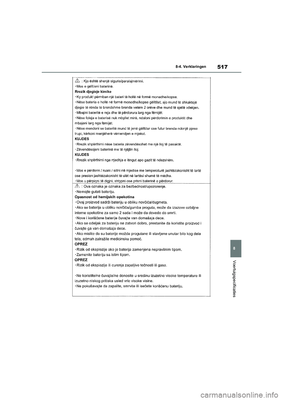 TOYOTA YARIS 2021  Brugsanvisning (in Danish) 517
8
YARIS(HB) HV Handleiding_Europa_MK0010_nl
8-4. Verklaringen
Voertuigspecificaties
YARIS(HB)_HV_OM_Europe_OMK0010E.book  Page 517  Thursday, March 12, 2020  4:25 PM 