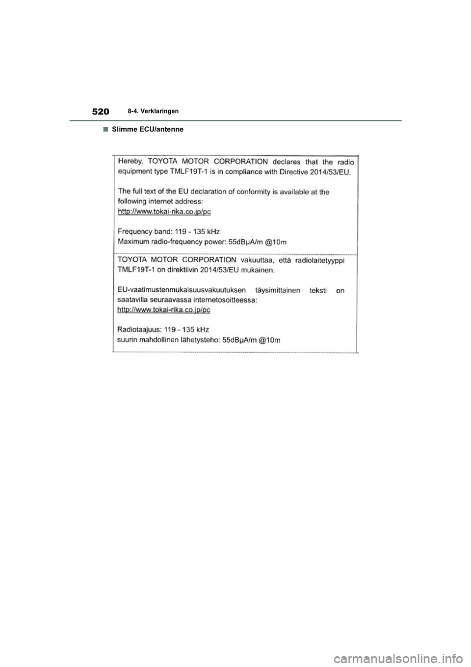 TOYOTA YARIS 2021  Brugsanvisning (in Danish) 520
YARIS(HB) HV Handleiding_Europa_MK0010_nl
8-4. Verklaringen
■Slimme ECU/antenne
YARIS(HB)_HV_OM_Europe_OMK0010E.book  Page 520  Thursday, March 12, 2020  4:25 PM 