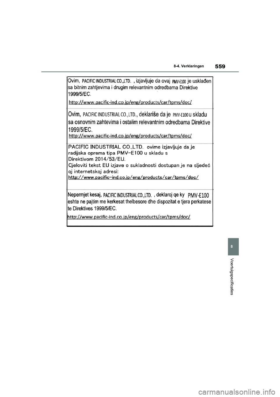 TOYOTA YARIS 2021  Brugsanvisning (in Danish) 559
8
YARIS(HB) HV Handleiding_Europa_MK0010_nl
8-4. Verklaringen
Voertuigspecificaties
YARIS(HB)_HV_OM_Europe_OMK0010E.book  Page 559  Thursday, March 12, 2020  4:25 PM 