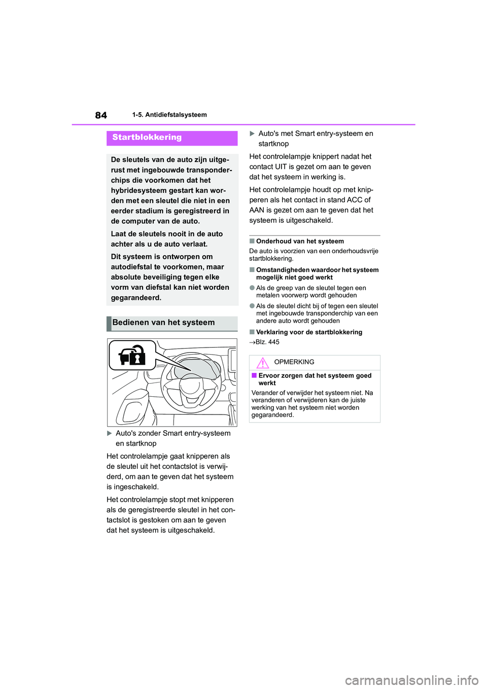 TOYOTA YARIS 2021 Brugsanvisning (in Danish) 84
YARIS(HB) HV Handleiding_Europa_MK0010_nl
1-5. Antidiefstalsysteem
1-5.Antidiefstalsysteem
Autos zonder Smart entry-systeem
en startknop
Het controlelampje gaat knipperen als
de sleutel uit h TOYOTA YARIS 2021 Brugsanvisning (in Danish) 84
YARIS(HB) HV Handleiding_Europa_MK0010_nl
1-5. Antidiefstalsysteem
1-5.Antidiefstalsysteem
Autos zonder Smart entry-systeem
en startknop
Het controlelampje gaat knipperen als
de sleutel uit h