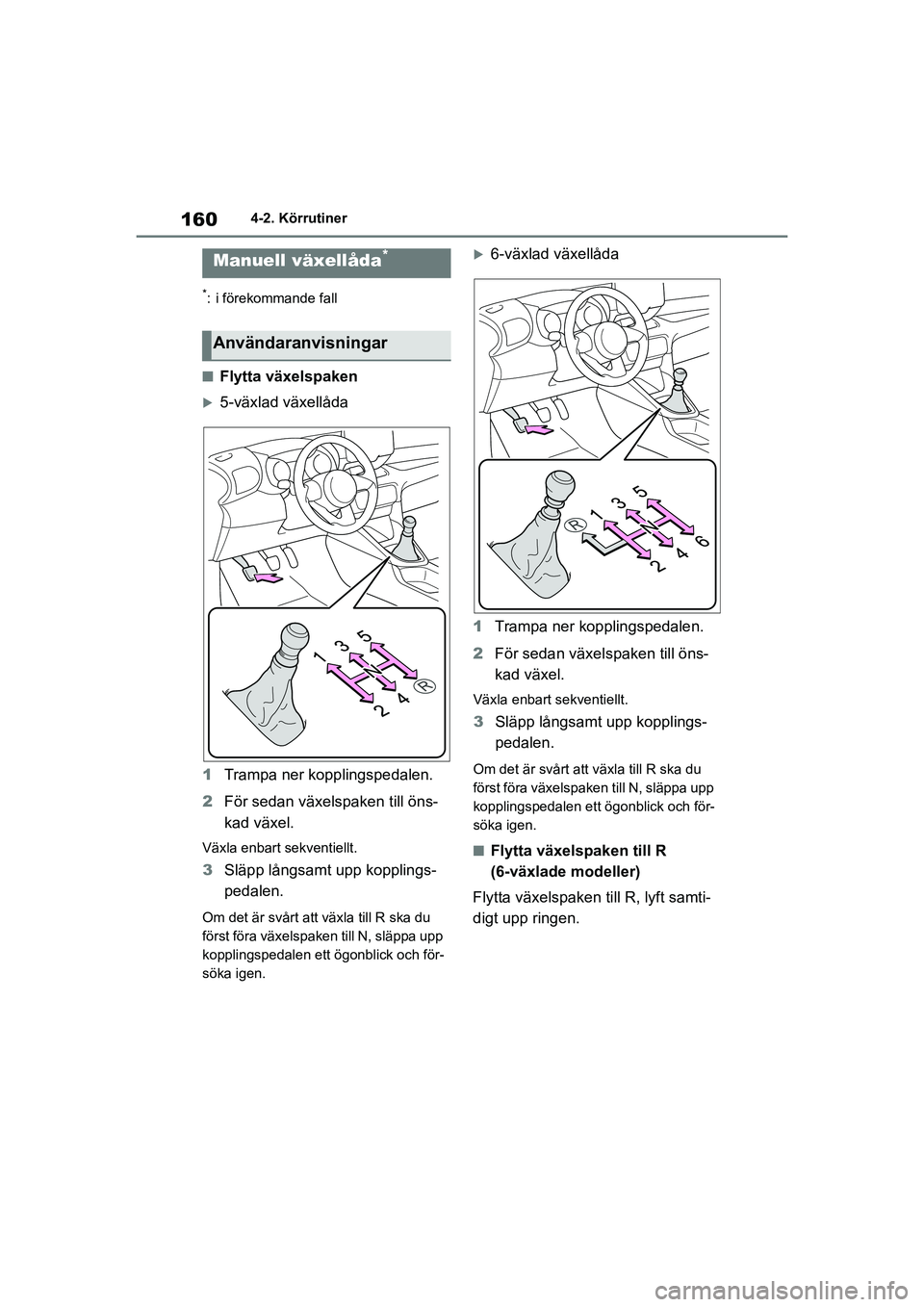 TOYOTA YARIS 2021  Bruksanvisningar (in Swedish) 160
YARIS F OMK0001SE
4-2. Körrutiner
*: i förekommande fall
nFlytta växelspaken
5-växlad växellåda
1 Trampa ner kopplingspedalen.
2 För sedan växelspaken till öns-
kad växel.
Växla enba