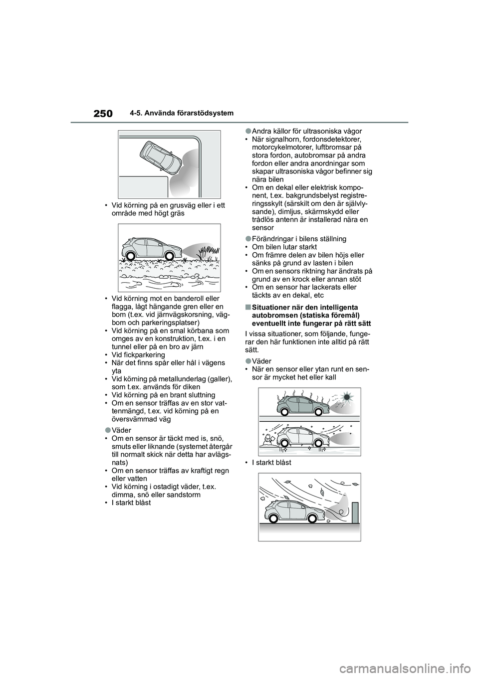 TOYOTA YARIS 2021 Bruksanvisningar (in Swedish) 250
YARIS F OMK0001SE
4-5. Använda förarstödsystem
• Vid körning på en grusväg eller i ett område med högt gräs
• Vid körning mot en banderoll eller flagga, lågt hängande gren eller TOYOTA YARIS 2021 Bruksanvisningar (in Swedish) 250
YARIS F OMK0001SE
4-5. Använda förarstödsystem
• Vid körning på en grusväg eller i ett område med högt gräs
• Vid körning mot en banderoll eller flagga, lågt hängande gren eller