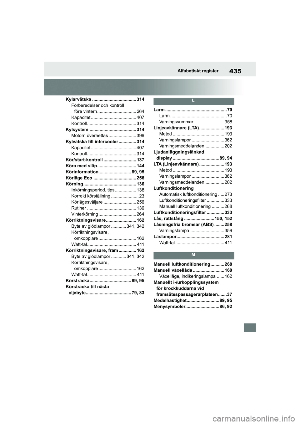 TOYOTA YARIS 2021  Bruksanvisningar (in Swedish) 435
YARIS F OMK0001SE
Alfabetiskt register
Kylarvätska ................................... 314Förberedelser och kontroll före vintern............................... 264
Kapacitet ..................