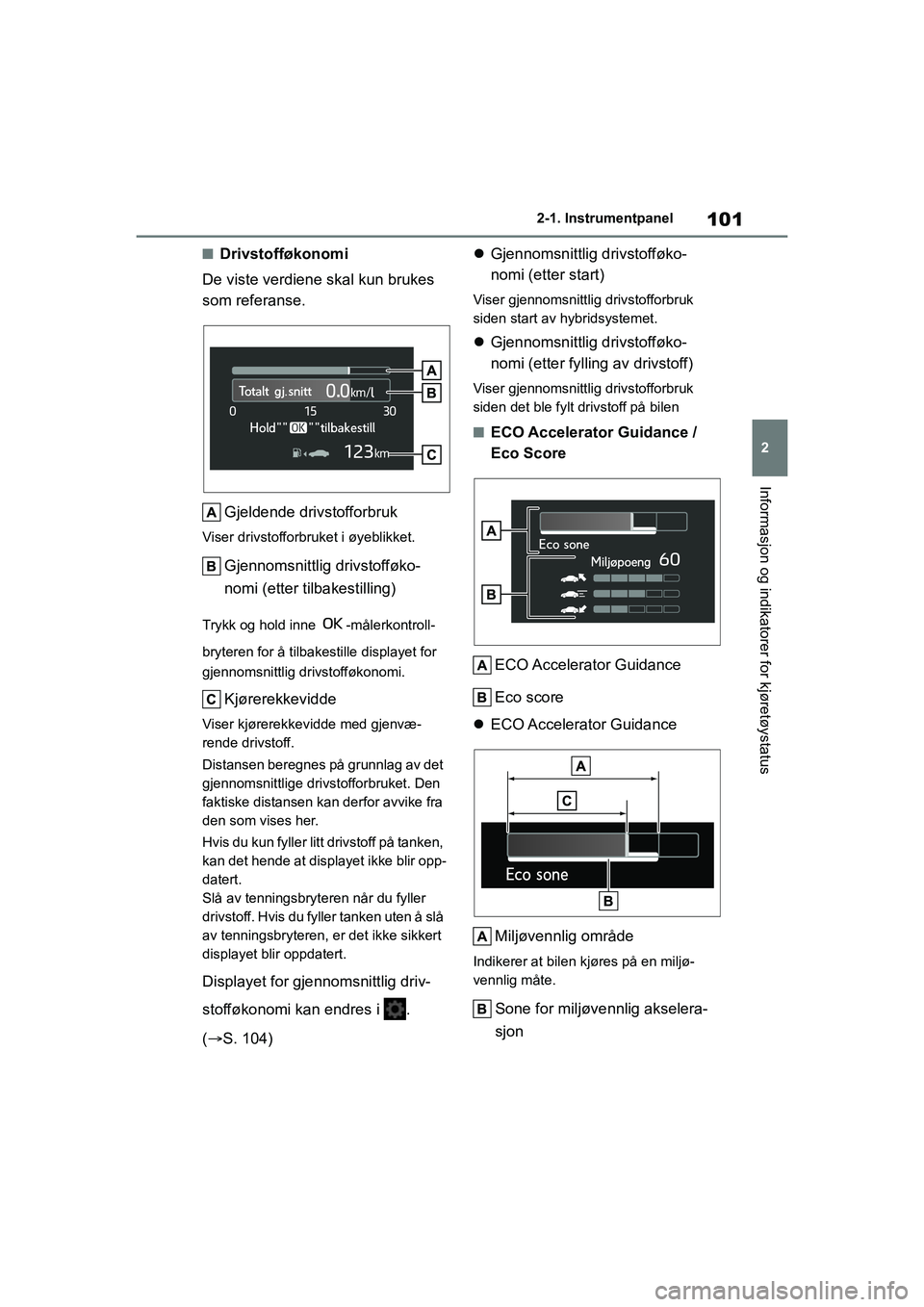 TOYOTA YARIS 2021 Instruksjoner for bruk (in Norwegian) 101
2
YARIS HV OMK0010NO
2-1. Instrumentpanel
Informasjon og indikatorer for kjøretøystatus
nDrivstofføkonomi
De viste verdiene skal kun brukes
som referanse.
Gjeldende drivstofforbruk
Viser drivs TOYOTA YARIS 2021 Instruksjoner for bruk (in Norwegian) 101
2
YARIS HV OMK0010NO
2-1. Instrumentpanel
Informasjon og indikatorer for kjøretøystatus
nDrivstofføkonomi
De viste verdiene skal kun brukes
som referanse.
Gjeldende drivstofforbruk
Viser drivs