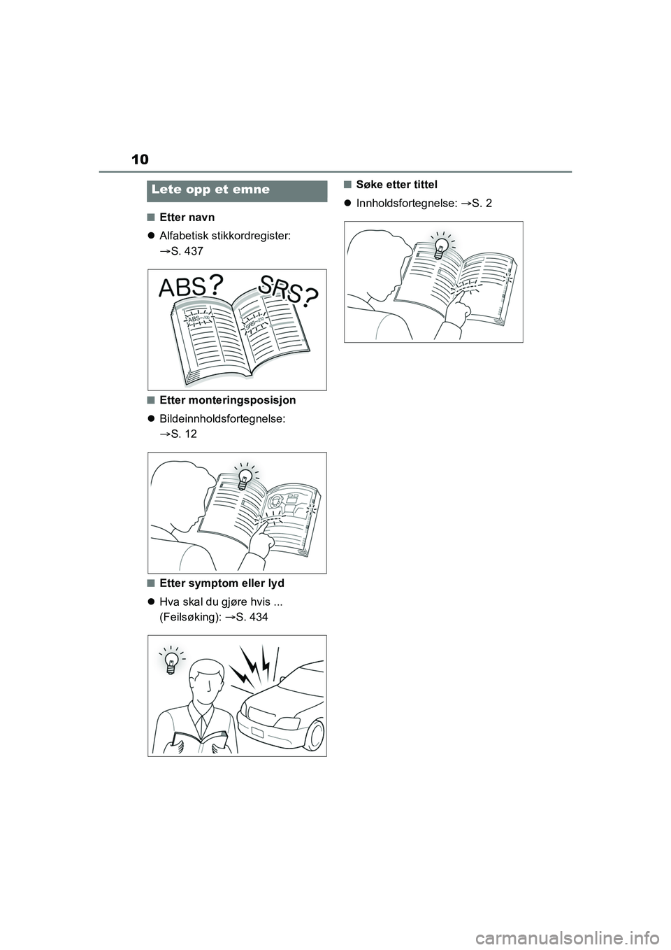 TOYOTA YARIS 2021 Instruksjoner for bruk (in Norwegian) 10
YARIS HV OMK0010NO
nEtter navn
Alfabetisk stikkordregister:
S. 437
nEtter monteringsposisjon
Bildeinnholdsfortegnelse:
S. 12
nEtter symptom eller lyd
Hva skal du gjøre hvis ... TOYOTA YARIS 2021 Instruksjoner for bruk (in Norwegian) 10
YARIS HV OMK0010NO
nEtter navn
Alfabetisk stikkordregister:
S. 437
nEtter monteringsposisjon
Bildeinnholdsfortegnelse:
S. 12
nEtter symptom eller lyd
Hva skal du gjøre hvis ...