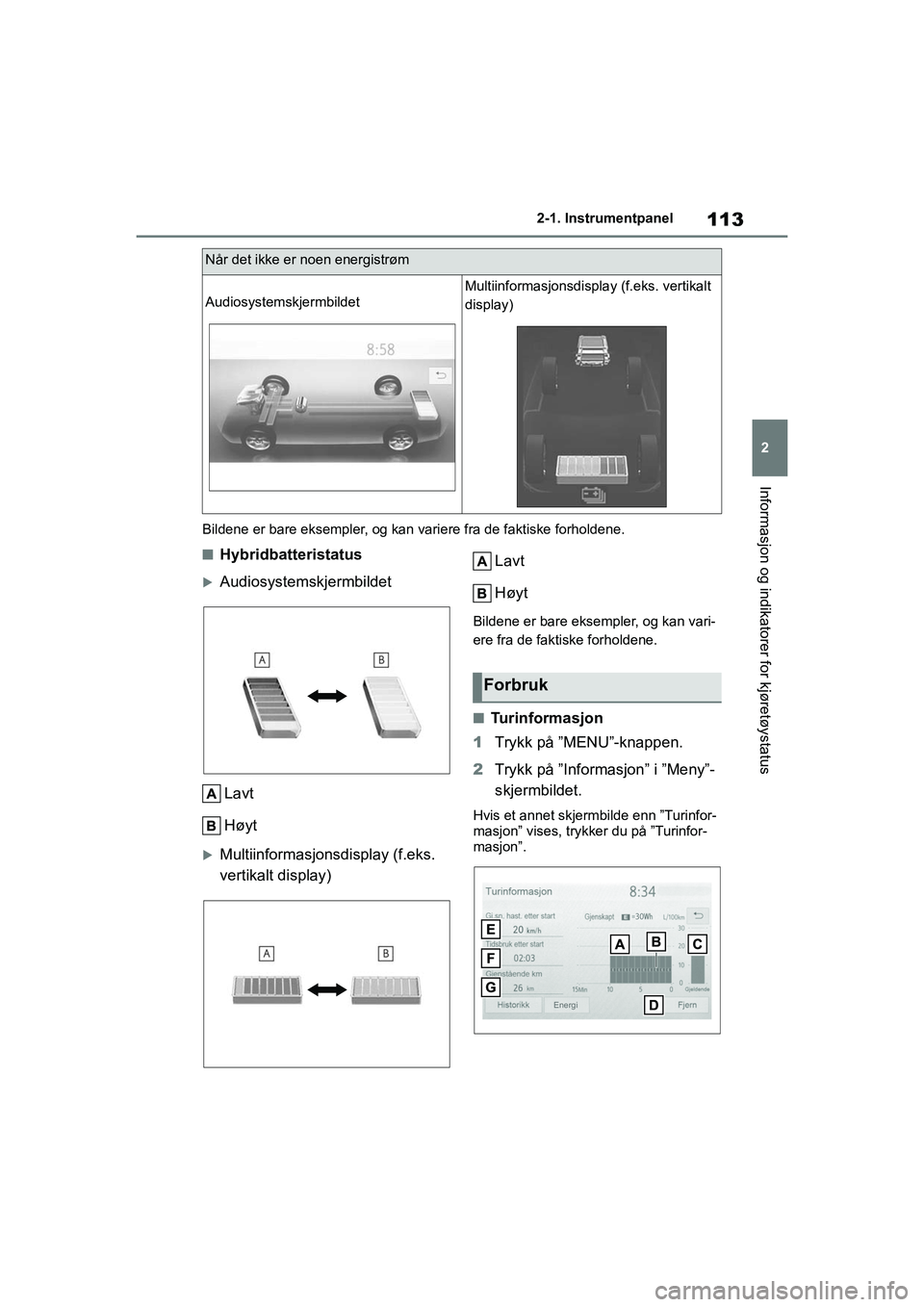 TOYOTA YARIS 2021 Instruksjoner for bruk (in Norwegian) 113
2
YARIS HV OMK0010NO
2-1. Instrumentpanel
Informasjon og indikatorer for kjøretøystatus
Bildene er bare eksempler, og kan variere fra de faktiske forholdene.
nHybridbatteristatus
Audiosystems TOYOTA YARIS 2021 Instruksjoner for bruk (in Norwegian) 113
2
YARIS HV OMK0010NO
2-1. Instrumentpanel
Informasjon og indikatorer for kjøretøystatus
Bildene er bare eksempler, og kan variere fra de faktiske forholdene.
nHybridbatteristatus
Audiosystems