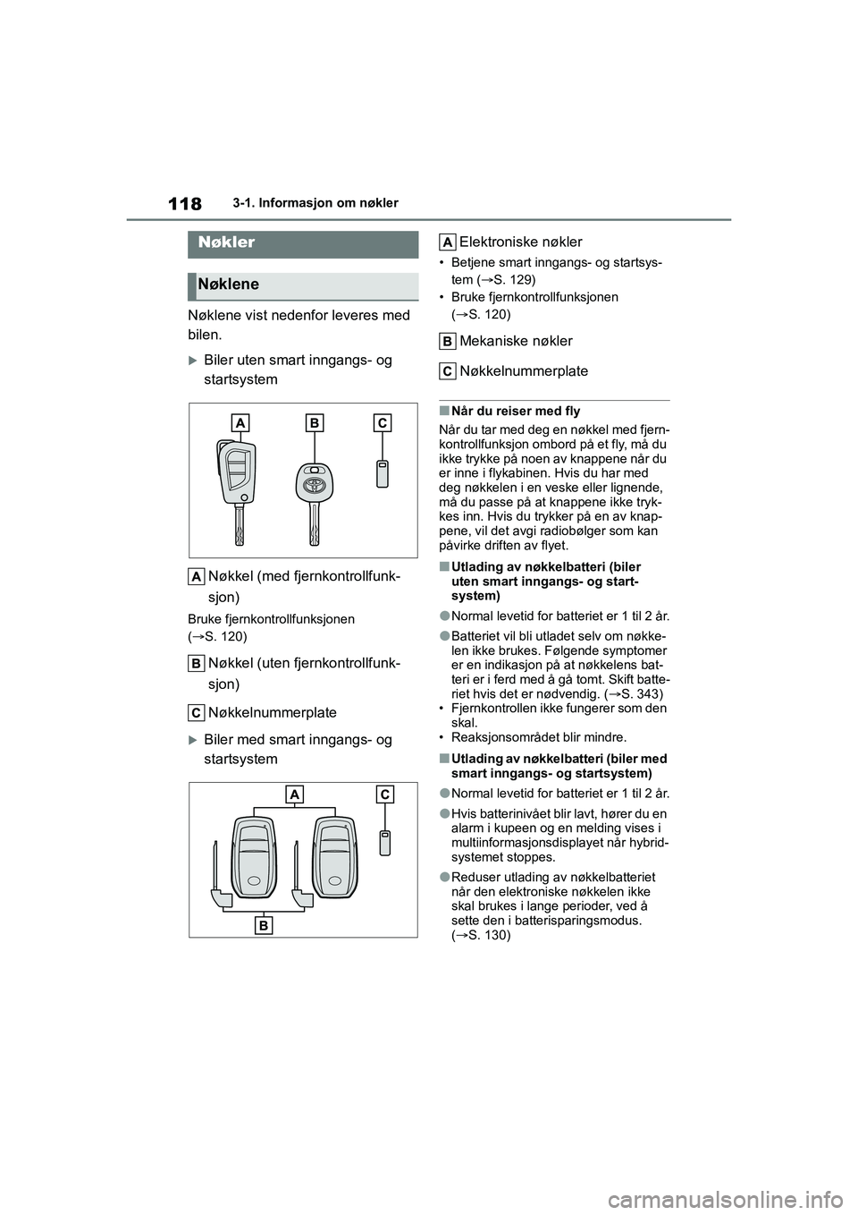 TOYOTA YARIS 2021 Instruksjoner for bruk (in Norwegian) 118
YARIS HV OMK0010NO
3-1. Informasjon om nøkler
3-1.Informasjon om nøkler
Nøklene vist nedenfor leveres med
bilen.
Biler uten smart inngangs- og
startsystemNøkkel (med fjernkontrollfunk-
sj TOYOTA YARIS 2021 Instruksjoner for bruk (in Norwegian) 118
YARIS HV OMK0010NO
3-1. Informasjon om nøkler
3-1.Informasjon om nøkler
Nøklene vist nedenfor leveres med
bilen.
Biler uten smart inngangs- og
startsystemNøkkel (med fjernkontrollfunk-
sj
