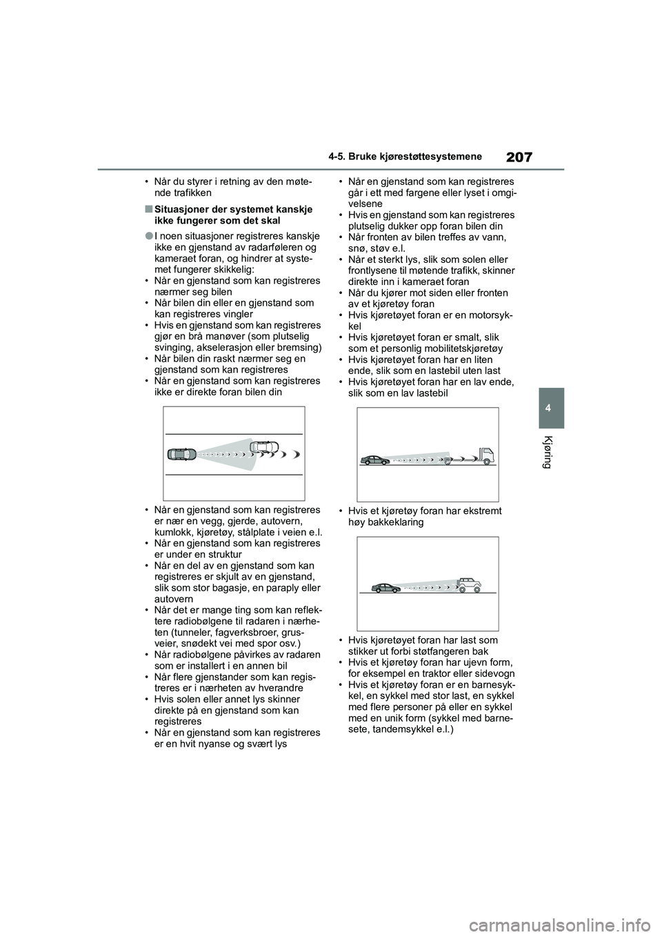 TOYOTA YARIS 2021  Instruksjoner for bruk (in Norwegian) 207
4
YARIS HV OMK0010NO
4-5. Bruke kjørestøttesystemene
Kjøring
• Når du styrer i retning av den møte-nde trafikken
nSituasjoner der systemet kanskje 
ikke fungerer som det skal
lI noen situas