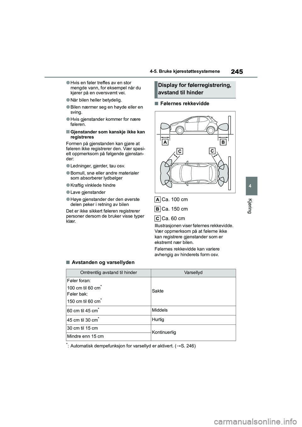 TOYOTA YARIS 2021 Instruksjoner for bruk (in Norwegian) 245
4
YARIS HV OMK0010NO
4-5. Bruke kjørestøttesystemene
Kjøring
lHvis en føler treffes av en stor
mengde vann, for eksempel når du
kjører på en oversvømt vei.
lNår bilen heller betydelig.
TOYOTA YARIS 2021 Instruksjoner for bruk (in Norwegian) 245
4
YARIS HV OMK0010NO
4-5. Bruke kjørestøttesystemene
Kjøring
lHvis en føler treffes av en stor
mengde vann, for eksempel når du
kjører på en oversvømt vei.
lNår bilen heller betydelig.