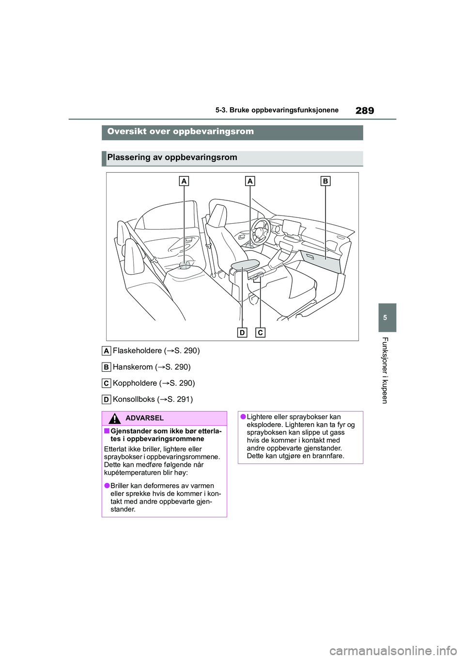 TOYOTA YARIS 2021 Instruksjoner for bruk (in Norwegian) 289
5
YARIS HV OMK0010NO
5-3. Bruke oppbevaringsfunksjonene
Funksjoner i kupeen
5-3.Bruke oppbevaringsfunksjonene
Flaskeholdere (S. 290)
Hanskerom ( S. 290)
Koppholdere ( S. 290)
Konsollboks TOYOTA YARIS 2021 Instruksjoner for bruk (in Norwegian) 289
5
YARIS HV OMK0010NO
5-3. Bruke oppbevaringsfunksjonene
Funksjoner i kupeen
5-3.Bruke oppbevaringsfunksjonene
Flaskeholdere (S. 290)
Hanskerom ( S. 290)
Koppholdere ( S. 290)
Konsollboks
