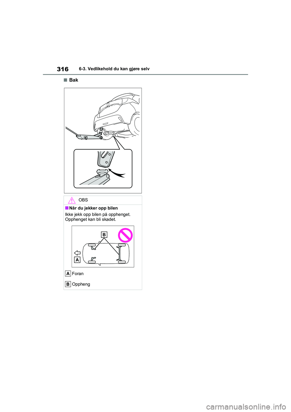 TOYOTA YARIS 2021 Instruksjoner for bruk (in Norwegian) 316
YARIS HV OMK0010NO
6-3. Vedlikehold du kan gjøre selv
nBak
OBS
nNår du jekker opp bilen
Ikke jekk opp bilen på opphenget.
Opphenget kan bli skadet.
Foran
Oppheng
OMK0010NO.book Page 316 Thur TOYOTA YARIS 2021 Instruksjoner for bruk (in Norwegian) 316
YARIS HV OMK0010NO
6-3. Vedlikehold du kan gjøre selv
nBak
OBS
nNår du jekker opp bilen
Ikke jekk opp bilen på opphenget.
Opphenget kan bli skadet.
Foran
Oppheng
OMK0010NO.book Page 316 Thur