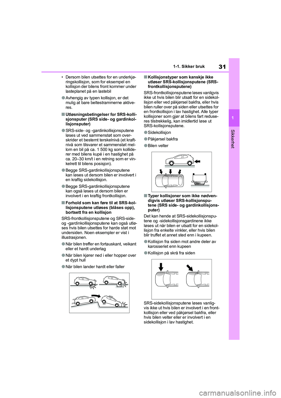 TOYOTA YARIS 2021 Instruksjoner for bruk (in Norwegian) 31
1
YARIS HV OMK0010NO
1-1. Sikker bruk
Sikkerhet
• Dersom bilen utsettes for en underkjø-ringskollisjon, som for eksempel en
kollisjon der bilens front kommer under
lasteplanet på en lastebil
TOYOTA YARIS 2021 Instruksjoner for bruk (in Norwegian) 31
1
YARIS HV OMK0010NO
1-1. Sikker bruk
Sikkerhet
• Dersom bilen utsettes for en underkjø-ringskollisjon, som for eksempel en
kollisjon der bilens front kommer under
lasteplanet på en lastebil