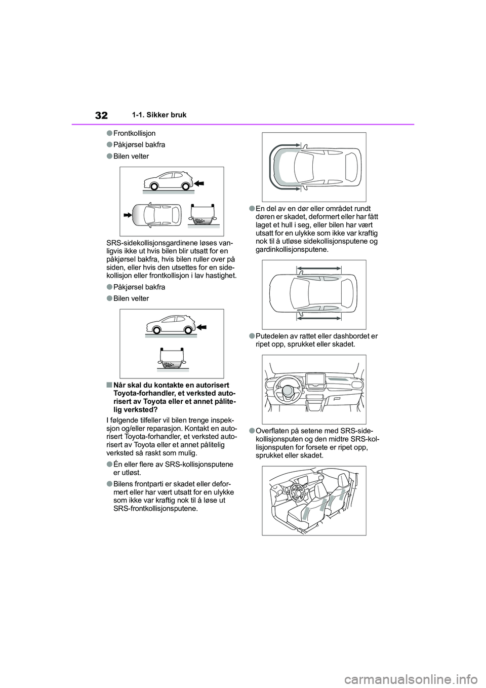 TOYOTA YARIS 2021 Instruksjoner for bruk (in Norwegian) 32
YARIS HV OMK0010NO
1-1. Sikker bruk
lFrontkollisjon
lPåkjørsel bakfra
lBilen velter
SRS-sidekollisjonsgardinene løses van-
ligvis ikke ut hvis bilen blir utsatt for en
påkjørsel bakfra, hvis TOYOTA YARIS 2021 Instruksjoner for bruk (in Norwegian) 32
YARIS HV OMK0010NO
1-1. Sikker bruk
lFrontkollisjon
lPåkjørsel bakfra
lBilen velter
SRS-sidekollisjonsgardinene løses van-
ligvis ikke ut hvis bilen blir utsatt for en
påkjørsel bakfra, hvis
