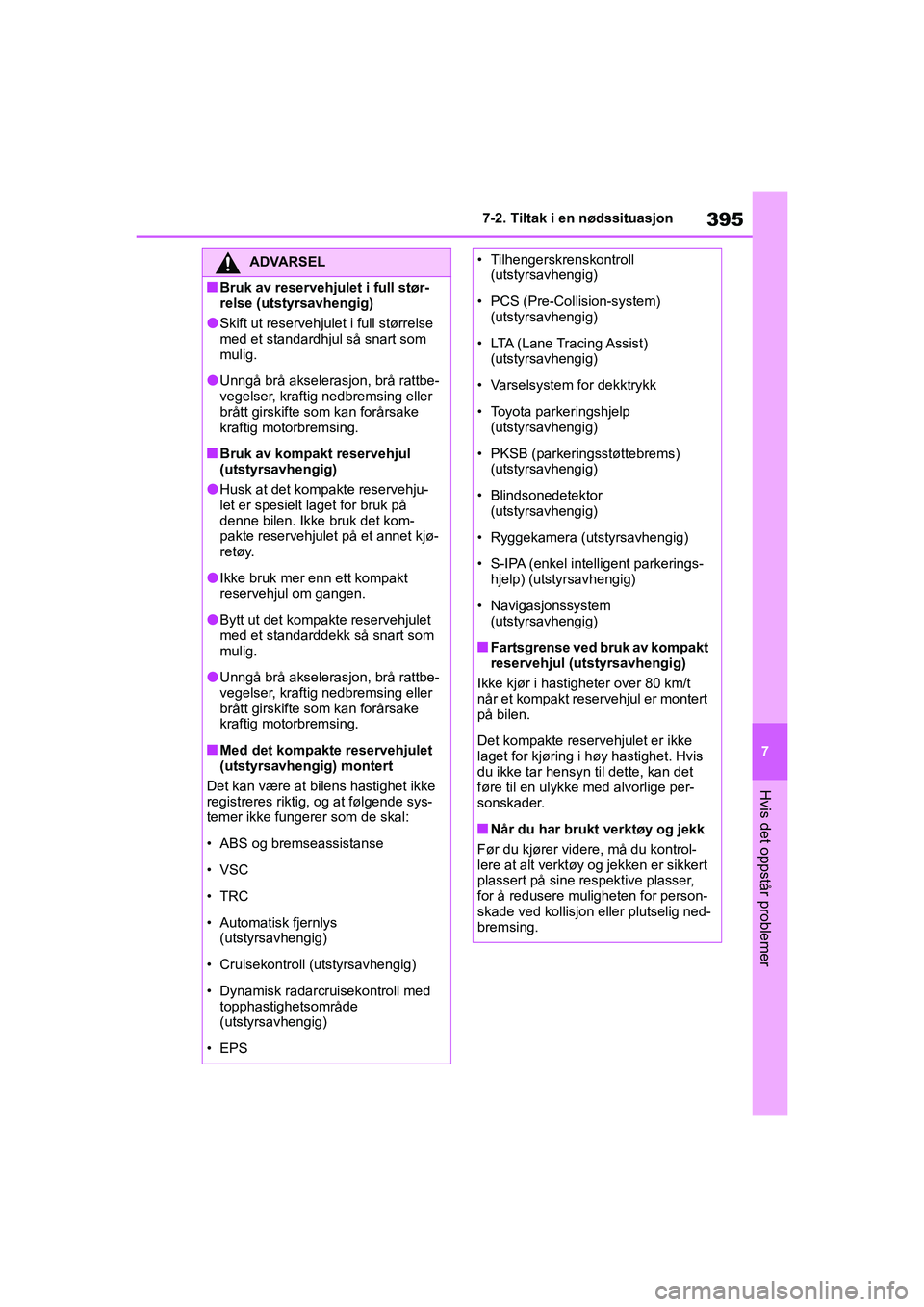 TOYOTA YARIS 2021 Instruksjoner for bruk (in Norwegian) 395
7
YARIS HV OMK0010NO
7-2. Tiltak i en nødssituasjon
Hvis det oppstår problemer
ADVARSEL
nBruk av reservehjulet i full stør-
relse (utstyrsavhengig)
lSkift ut reservehjulet i full størrelse
me TOYOTA YARIS 2021 Instruksjoner for bruk (in Norwegian) 395
7
YARIS HV OMK0010NO
7-2. Tiltak i en nødssituasjon
Hvis det oppstår problemer
ADVARSEL
nBruk av reservehjulet i full stør-
relse (utstyrsavhengig)
lSkift ut reservehjulet i full størrelse
me