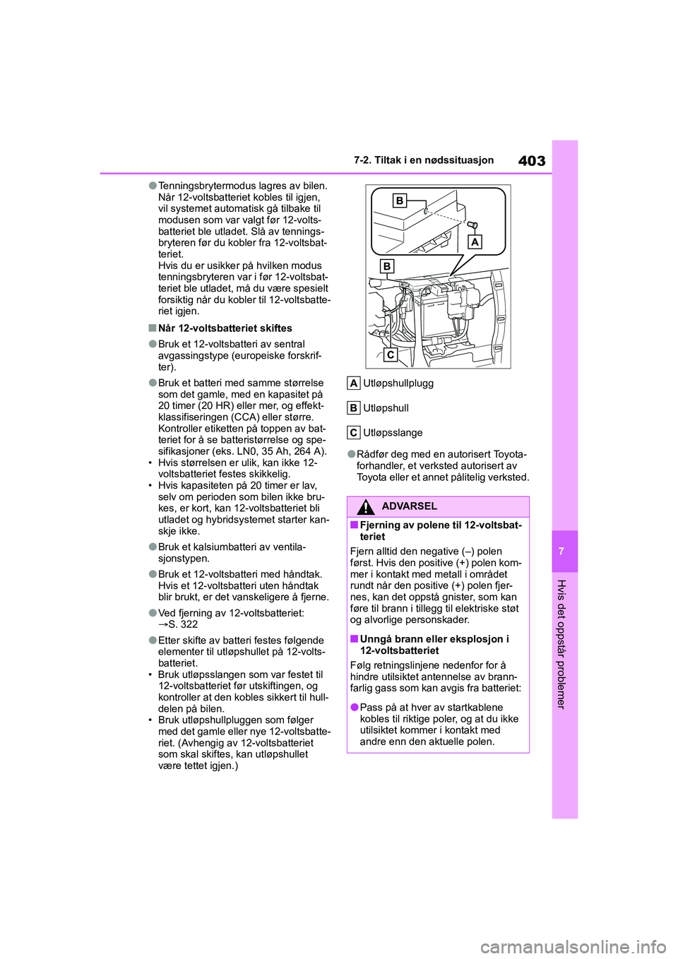 TOYOTA YARIS 2021 Instruksjoner for bruk (in Norwegian) 403
7
YARIS HV OMK0010NO
7-2. Tiltak i en nødssituasjon
Hvis det oppstår problemer
lTenningsbrytermodus lagres av bilen.
Når 12-voltsbatteriet kobles til igjen,
vil systemet automatisk gå tilbak TOYOTA YARIS 2021 Instruksjoner for bruk (in Norwegian) 403
7
YARIS HV OMK0010NO
7-2. Tiltak i en nødssituasjon
Hvis det oppstår problemer
lTenningsbrytermodus lagres av bilen.
Når 12-voltsbatteriet kobles til igjen,
vil systemet automatisk gå tilbak
