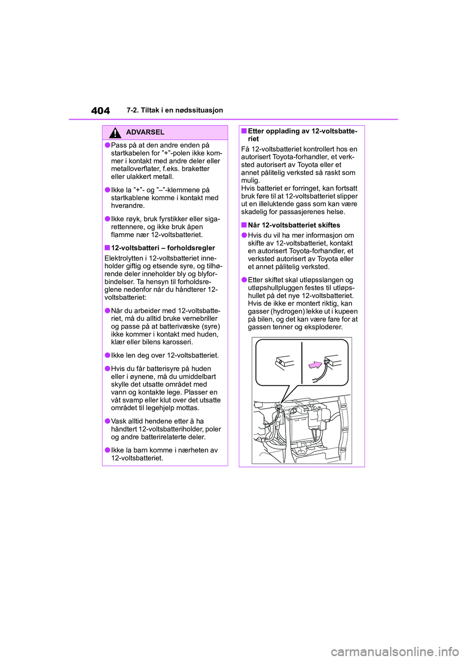 TOYOTA YARIS 2021 Instruksjoner for bruk (in Norwegian) 404
YARIS HV OMK0010NO
7-2. Tiltak i en nødssituasjon
ADVARSEL
lPass på at den andre enden på
startkabelen for ”+”-polen ikke kom-
mer i kontakt med andre deler eller
metalloverflater, f.eks. TOYOTA YARIS 2021 Instruksjoner for bruk (in Norwegian) 404
YARIS HV OMK0010NO
7-2. Tiltak i en nødssituasjon
ADVARSEL
lPass på at den andre enden på
startkabelen for ”+”-polen ikke kom-
mer i kontakt med andre deler eller
metalloverflater, f.eks.