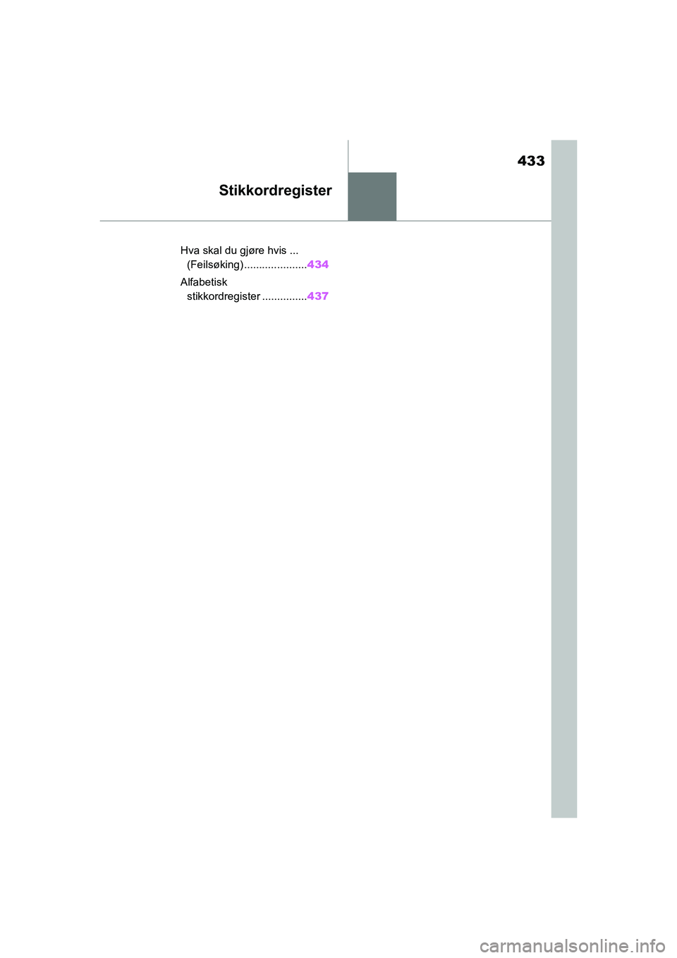 TOYOTA YARIS 2021 Instruksjoner for bruk (in Norwegian) 433
YARIS HV OMK0010NO
Stikkordregister
Hva skal du gjøre hvis ... (Feilsøking) ..................... 434
Alfabetisk stikkordregister ............... 437
OMK0010NO.book Page 433 Thursday, Februar TOYOTA YARIS 2021 Instruksjoner for bruk (in Norwegian) 433
YARIS HV OMK0010NO
Stikkordregister
Hva skal du gjøre hvis ... (Feilsøking) ..................... 434
Alfabetisk stikkordregister ............... 437
OMK0010NO.book Page 433 Thursday, Februar