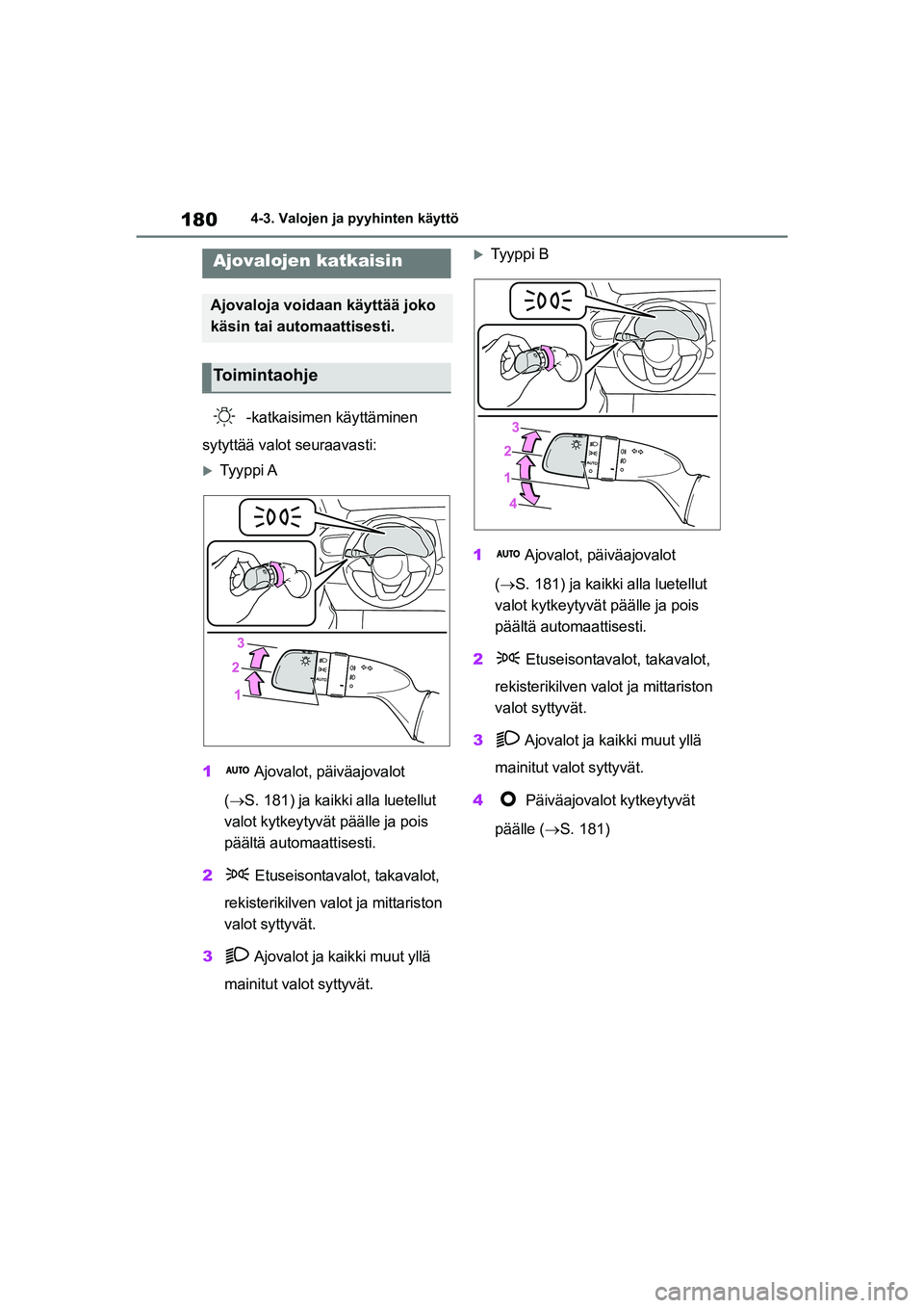 TOYOTA YARIS 2021 Omistajan Käsikirja (in Finnish) 180
YARIS HV OMK0010FI
4-3. Valojen ja pyyhinten käyttö
4-3.Valojen ja pyyhinten käyttö
-katkaisimen käyttäminen
sytyttää valot seuraavasti:
Tyyppi A
1 Ajovalot, päiväajovalot
( S TOYOTA YARIS 2021 Omistajan Käsikirja (in Finnish) 180
YARIS HV OMK0010FI
4-3. Valojen ja pyyhinten käyttö
4-3.Valojen ja pyyhinten käyttö
-katkaisimen käyttäminen
sytyttää valot seuraavasti:
Tyyppi A
1 Ajovalot, päiväajovalot
( S
