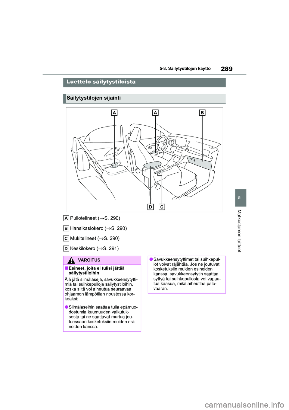 TOYOTA YARIS 2021 Omistajan Käsikirja (in Finnish) 289
5
YARIS HV OMK0010FI
5-3. Säilytystilojen käyttö
Matkustamon laitteet
5-3.Säilytystilojen käyttö
Pullotelineet (S. 290)
Hansikaslokero ( S. 290)
Mukitelineet ( S. 290)
Keskilokero ( TOYOTA YARIS 2021 Omistajan Käsikirja (in Finnish) 289
5
YARIS HV OMK0010FI
5-3. Säilytystilojen käyttö
Matkustamon laitteet
5-3.Säilytystilojen käyttö
Pullotelineet (S. 290)
Hansikaslokero ( S. 290)
Mukitelineet ( S. 290)
Keskilokero (