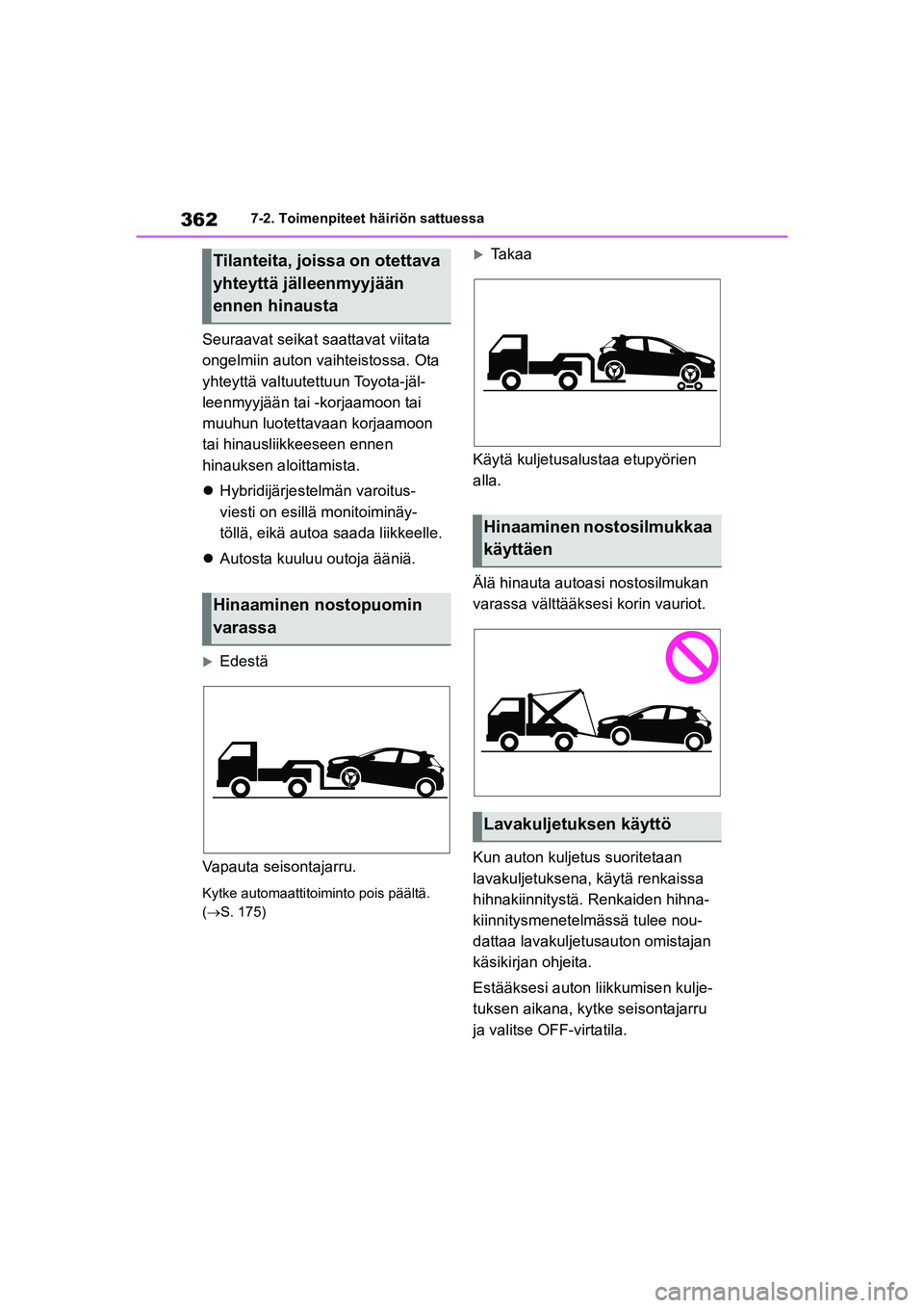 TOYOTA YARIS 2021 Omistajan Käsikirja (in Finnish) 362
YARIS HV OMK0010FI
7-2. Toimenpiteet häiriön sattuessa
Seuraavat seikat saattavat viitata
ongelmiin auton vaihteistossa. Ota
yhteyttä valtuutettuun Toyota-jäl-
leenmyyjään tai -korjaamoon TOYOTA YARIS 2021 Omistajan Käsikirja (in Finnish) 362
YARIS HV OMK0010FI
7-2. Toimenpiteet häiriön sattuessa
Seuraavat seikat saattavat viitata
ongelmiin auton vaihteistossa. Ota
yhteyttä valtuutettuun Toyota-jäl-
leenmyyjään tai -korjaamoon