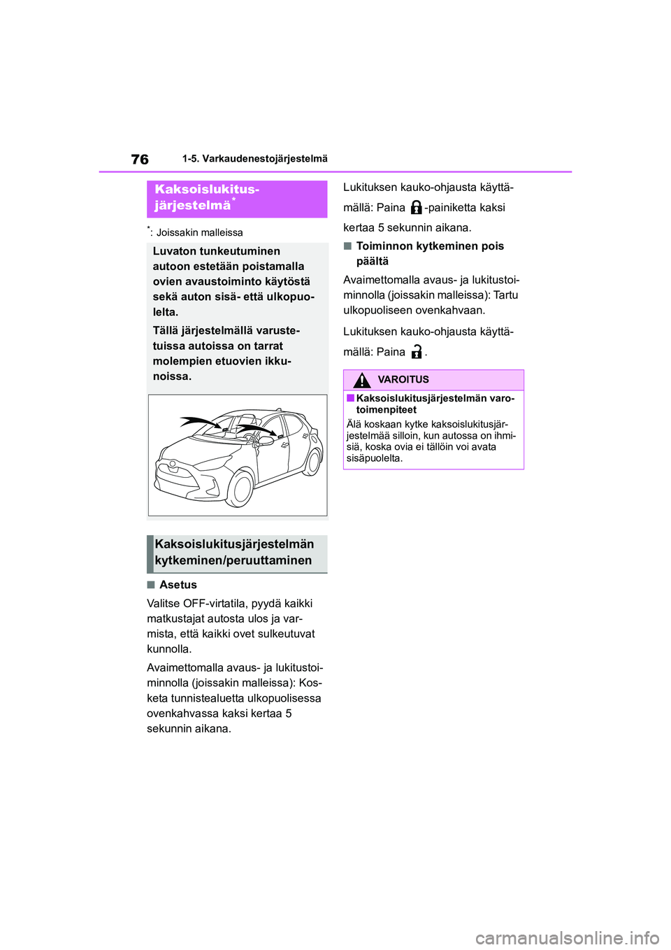 TOYOTA YARIS 2021 Omistajan Käsikirja (in Finnish) 76
YARIS HV OMK0010FI
1-5. Varkaudenestojärjestelmä
*: Joissakin malleissa
nAsetus
Valitse OFF-virtatila, pyydä kaikki
matkustajat autosta ulos ja var-
mista, että kaikki ovet sulkeutuvat
kunnol TOYOTA YARIS 2021 Omistajan Käsikirja (in Finnish) 76
YARIS HV OMK0010FI
1-5. Varkaudenestojärjestelmä
*: Joissakin malleissa
nAsetus
Valitse OFF-virtatila, pyydä kaikki
matkustajat autosta ulos ja var-
mista, että kaikki ovet sulkeutuvat
kunnol