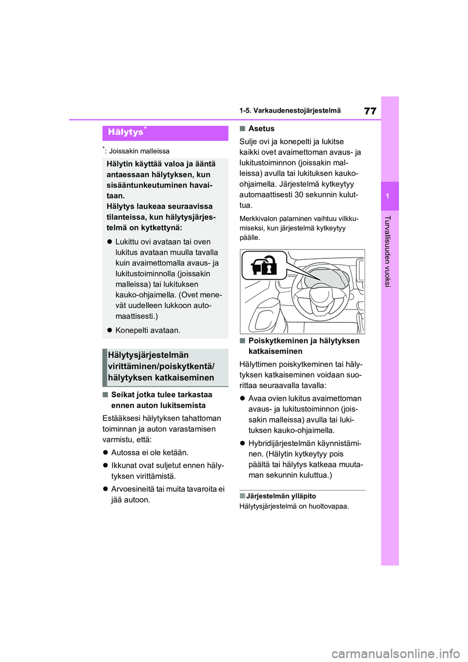 TOYOTA YARIS 2021 Omistajan Käsikirja (in Finnish) 77
1
YARIS HV OMK0010FI
1-5. Varkaudenestojärjestelmä
Turvallisuuden vuoksi
*: Joissakin malleissa
nSeikat jotka tulee tarkastaa
ennen auton lukitsemista
Estääksesi hälytyksen tahattoman
toimin TOYOTA YARIS 2021 Omistajan Käsikirja (in Finnish) 77
1
YARIS HV OMK0010FI
1-5. Varkaudenestojärjestelmä
Turvallisuuden vuoksi
*: Joissakin malleissa
nSeikat jotka tulee tarkastaa
ennen auton lukitsemista
Estääksesi hälytyksen tahattoman
toimin