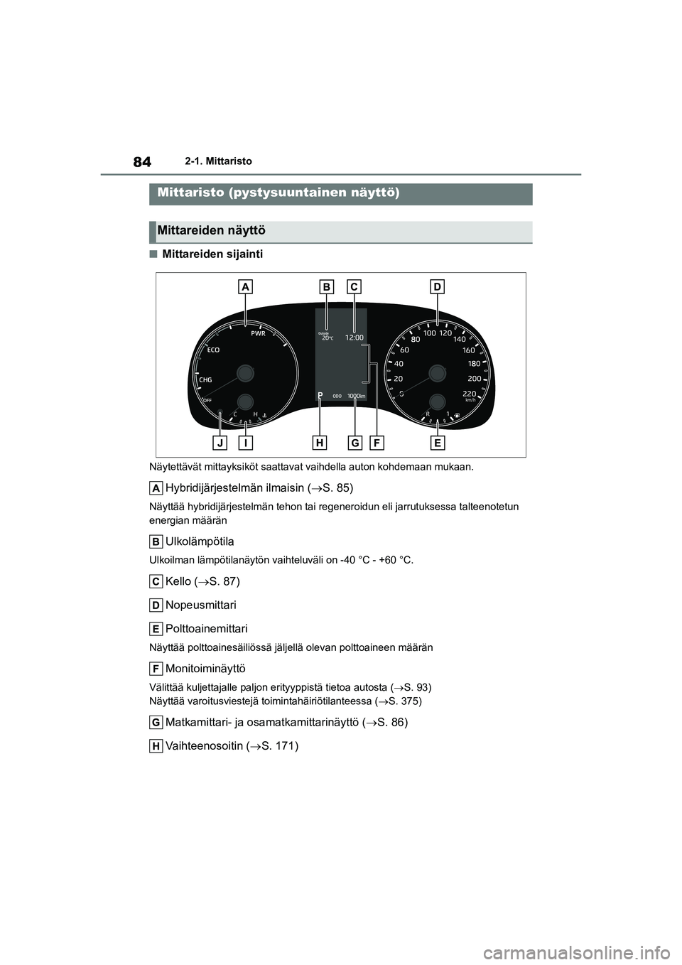 TOYOTA YARIS 2021  Omistajan Käsikirja (in Finnish) 84
YARIS HV OMK0010FI
2-1. Mittaristo
nMittareiden sijainti
Näytettävät mittayksiköt saattavat vaihdella  auton kohdemaan mukaan.
Hybridijärjestelmän ilmaisin ( S. 85)
Näyttää hybridijärj