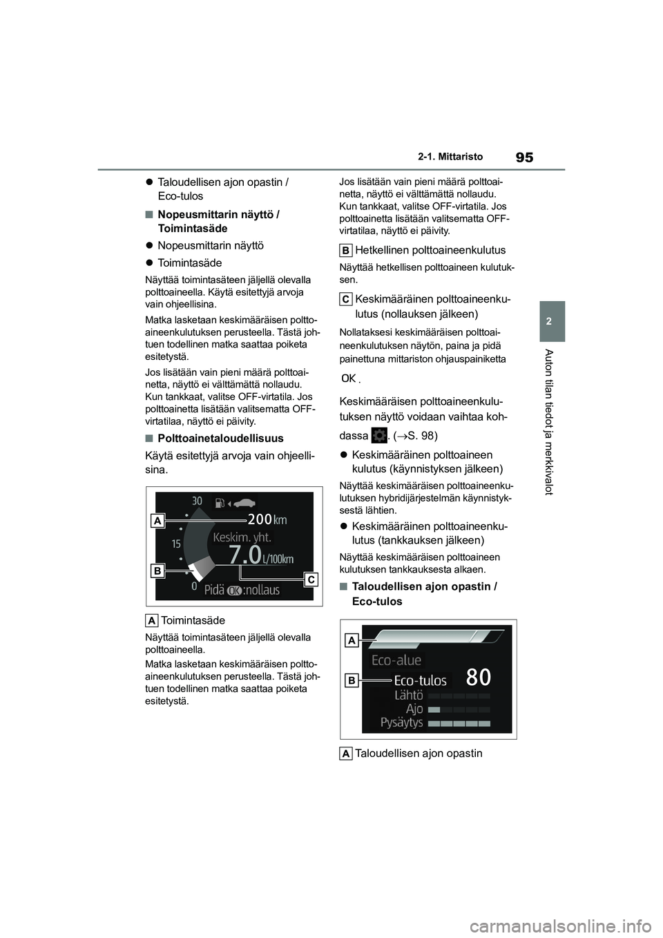 TOYOTA YARIS 2021  Omistajan Käsikirja (in Finnish) 95
2
YARIS HV OMK0010FI
2-1. Mittaristo
Auton tilan tiedot ja merkkivalot
Taloudellisen ajon opastin / 
Eco-tulos
nNopeusmittarin näyttö / 
Toimintasäde
 Nopeusmittarin näyttö
 Toimintas