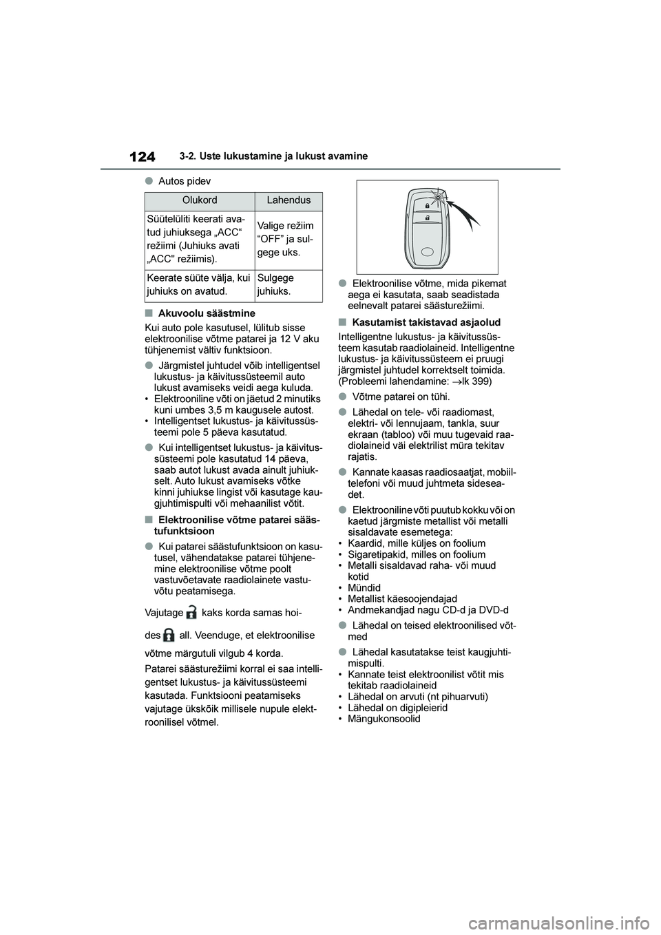 TOYOTA YARIS 2021 Kasutusjuhend (in Estonian) 124
YARIS(HB) Owners Manual_Europe_MK0001_EE
3-2. Uste lukustamine ja lukust avamine
●Autos pidev
■Akuvoolu säästmine
Kui auto pole kasutusel, lülitub sisse
elektroonilise võtme patarei ja 1 TOYOTA YARIS 2021 Kasutusjuhend (in Estonian) 124
YARIS(HB) Owners Manual_Europe_MK0001_EE
3-2. Uste lukustamine ja lukust avamine
●Autos pidev
■Akuvoolu säästmine
Kui auto pole kasutusel, lülitub sisse
elektroonilise võtme patarei ja 1