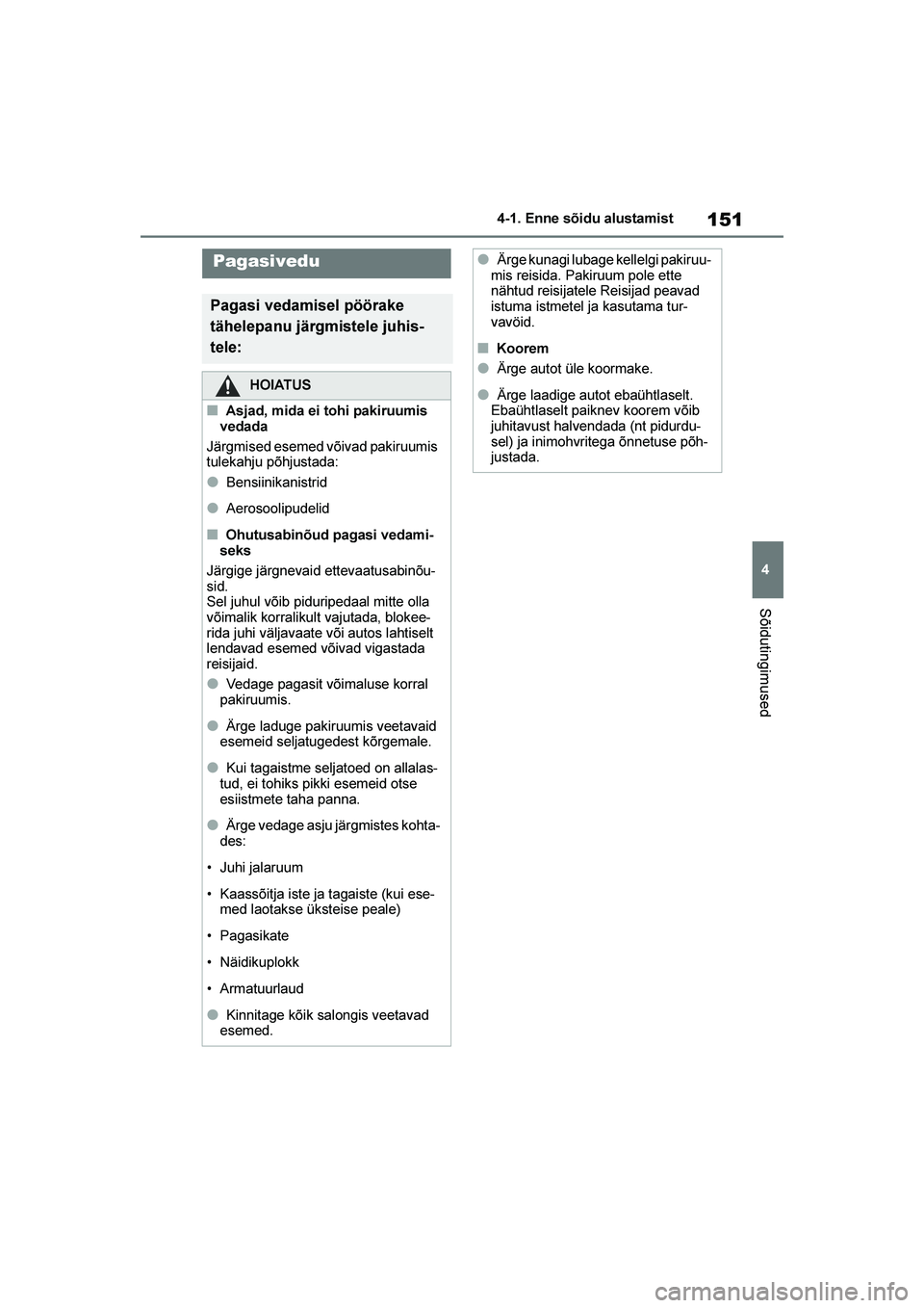 TOYOTA YARIS 2021  Kasutusjuhend (in Estonian) 151
4
YARIS(HB) Owners Manual_Europe_MK0001_EE
4-1. Enne sõidu alustamist
Sõidutingimused
Pagasivedu
Pagasi vedamisel pöörake 
tähelepanu järgmistele juhis-
tele:
HOIATUS
■Asjad, mida ei tohi