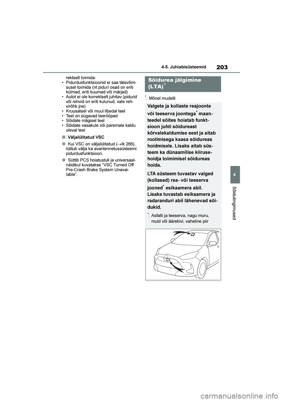 TOYOTA YARIS 2021  Kasutusjuhend (in Estonian) 203
4
YARIS(HB) Owners Manual_Europe_MK0001_EE
4-5. Juhiabisüsteemid
Sõidutingimused
rektselt toimida:
• Pidurdusfunktsioonid ei saa täisvõim -
susel toimida (nt piduri osad on eriti 
külmad, 