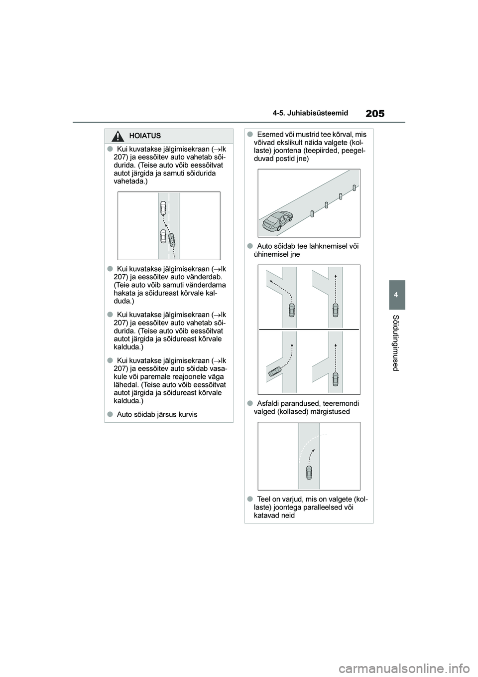 TOYOTA YARIS 2021  Kasutusjuhend (in Estonian) 205
4
YARIS(HB) Owners Manual_Europe_MK0001_EE
4-5. Juhiabisüsteemid
Sõidutingimused
HOIATUS
●Kui kuvatakse jälgimisekraan (→lk 
207) ja eessõitev auto vahetab sõi -
durida. (Teise auto või