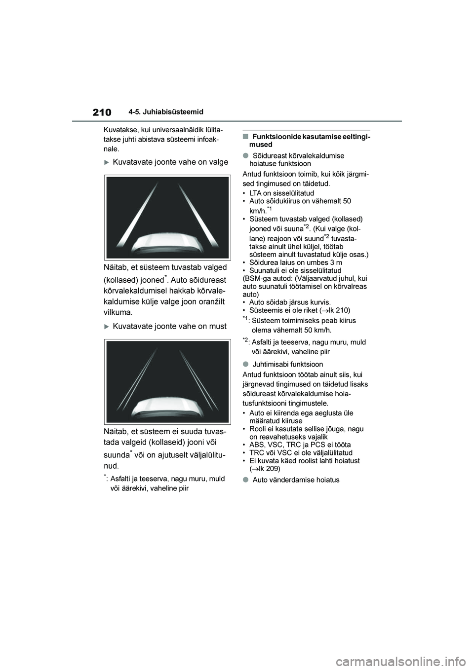 TOYOTA YARIS 2021  Kasutusjuhend (in Estonian) 210
YARIS(HB) Owners Manual_Europe_MK0001_EE
4-5. Juhiabisüsteemid
Kuvatakse, kui universaalnäidik lülita -
takse juhti abistava süsteemi infoak -
nale.
Kuvatavate joonte vahe on valge
Näitab, 