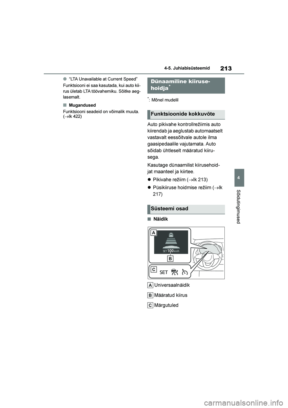 TOYOTA YARIS 2021  Kasutusjuhend (in Estonian) 213
4
YARIS(HB) Owners Manual_Europe_MK0001_EE
4-5. Juhiabisüsteemid
Sõidutingimused
●“LTA Unavailable at Current Speed”
Funktsiooni ei saa kasutada, kui auto kii -
rus ületab LTA töövahem