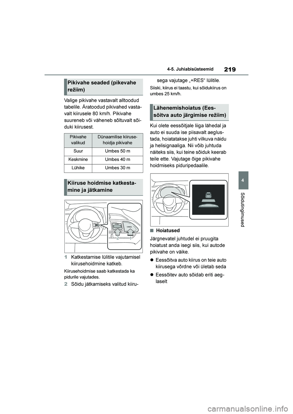 TOYOTA YARIS 2021  Kasutusjuhend (in Estonian) 219
4
YARIS(HB) Owners Manual_Europe_MK0001_EE
4-5. Juhiabisüsteemid
Sõidutingimused
Valige pikivahe vastavalt alltoodud 
tabelile. Äratoodud pikivahed vasta-
valt kiirusele 80 km/h. Pikivahe 
suu