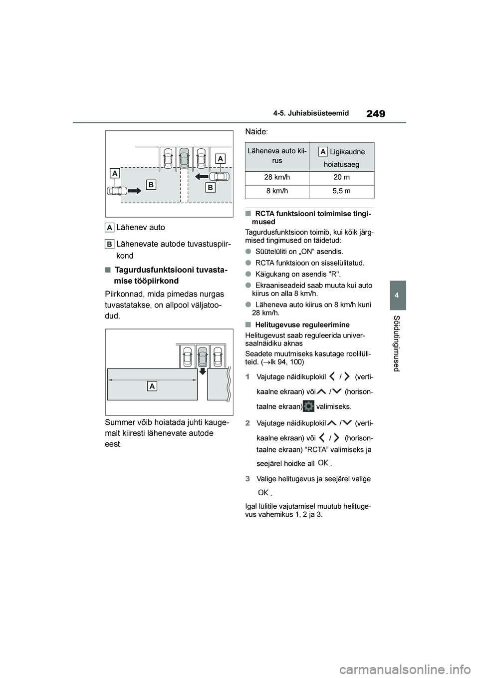 TOYOTA YARIS 2021 Kasutusjuhend (in Estonian) 249
4
YARIS(HB) Owners Manual_Europe_MK0001_EE
4-5. Juhiabisüsteemid
Sõidutingimused
Lähenev auto
Lähenevate autode tuvastuspiir-
kond
■Tagurdusfunktsiooni tuvasta -
mise tööpiirkond
Piirkonn TOYOTA YARIS 2021 Kasutusjuhend (in Estonian) 249
4
YARIS(HB) Owners Manual_Europe_MK0001_EE
4-5. Juhiabisüsteemid
Sõidutingimused
Lähenev auto
Lähenevate autode tuvastuspiir-
kond
■Tagurdusfunktsiooni tuvasta -
mise tööpiirkond
Piirkonn