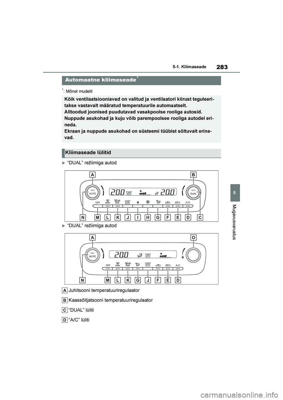 TOYOTA YARIS 2021  Kasutusjuhend (in Estonian) 283
5
YARIS(HB) Owners Manual_Europe_MK0001_EE
5-1. Kliimaseade
Mugavusvarustus
*: Mõnel mudelil
“DUAL” režiimiga autod
“DUAL” režiimiga autodJuhitsooni temperatuuriregulaator
Kaassõitj