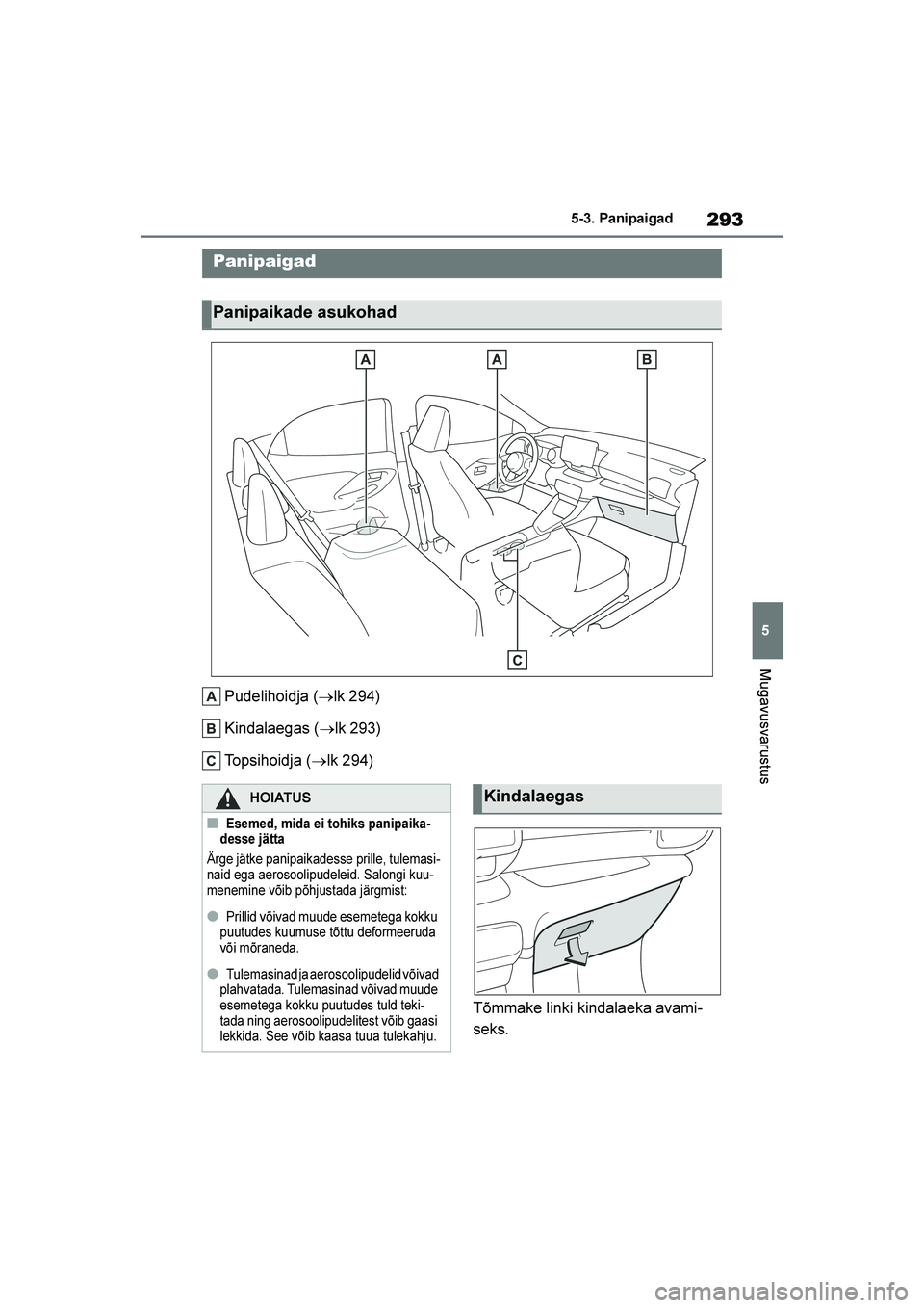 TOYOTA YARIS 2021  Kasutusjuhend (in Estonian) 293
5
YARIS(HB) Owners Manual_Europe_MK0001_EE
5-3. Panipaigad
Mugavusvarustus
5- 3. Pani pai gad
Pudelihoidja (→lk 294)
Kindalaegas ( →lk 293)
Topsihoidja ( →lk 294)
Tõmmake linki kindalaeka 
