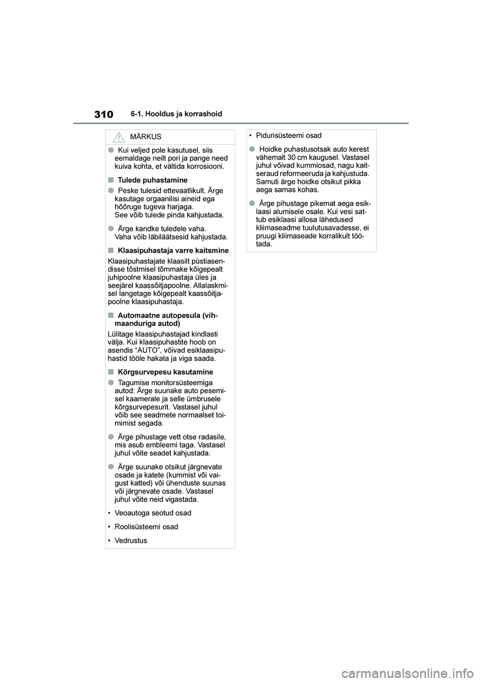 TOYOTA YARIS 2021  Kasutusjuhend (in Estonian) 310
YARIS(HB) Owners Manual_Europe_MK0001_EE
6-1. Hooldus ja korrashoid
MÄRKUS
●Kui veljed pole kasutusel, siis 
eemaldage neilt pori ja pange need 
kuiva kohta, et vältida korrosiooni.
■Tulede