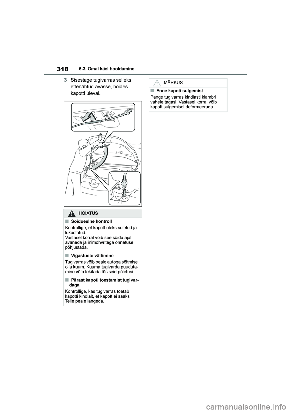 TOYOTA YARIS 2021  Kasutusjuhend (in Estonian) 318
YARIS(HB) Owners Manual_Europe_MK0001_EE
6-3. Omal käel hooldamine
3Sisestage tugivarras selleks 
ettenähtud avasse, hoides 
kapotti üleval.
HOIATUS
■Sõidueelne kontroll
Kontrollige, et kap