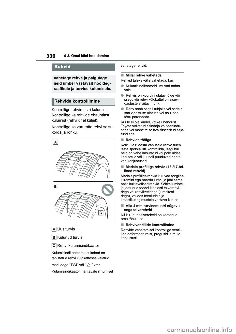 TOYOTA YARIS 2021  Kasutusjuhend (in Estonian) 330
YARIS(HB) Owners Manual_Europe_MK0001_EE
6-3. Omal käel hooldamine
Kontrollige rehvimustri kulumist. 
Kontrollige ka rehvide ebaühtlast 
kulumist (rehvi ühel küljel).
Kontrollige ka varuratta