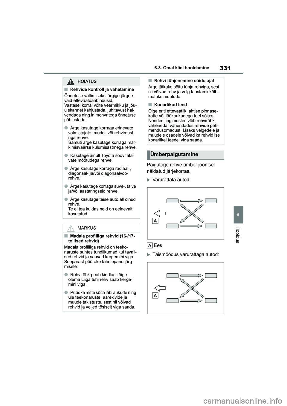 TOYOTA YARIS 2021  Kasutusjuhend (in Estonian) 331
6
YARIS(HB) Owners Manual_Europe_MK0001_EE
6-3. Omal käel hooldamine
Hooldus
Paigutage rehve ümber joonisel 
näidatud järjekorras.
Varurattata autod:Ees
Täismõõdus varurattaga autod:
HOI