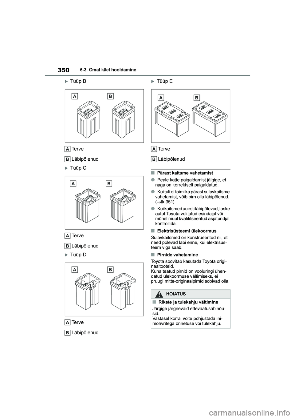 TOYOTA YARIS 2021  Kasutusjuhend (in Estonian) 350
YARIS(HB) Owners Manual_Europe_MK0001_EE
6-3. Omal käel hooldamine
Tüüp BTe r v e
Läbipõlenud
Tüüp CTe r v e
Läbipõlenud
Tüüp DTe r v e
Läbipõlenud
Tüüp ETe r v e
Läbipõlenud
