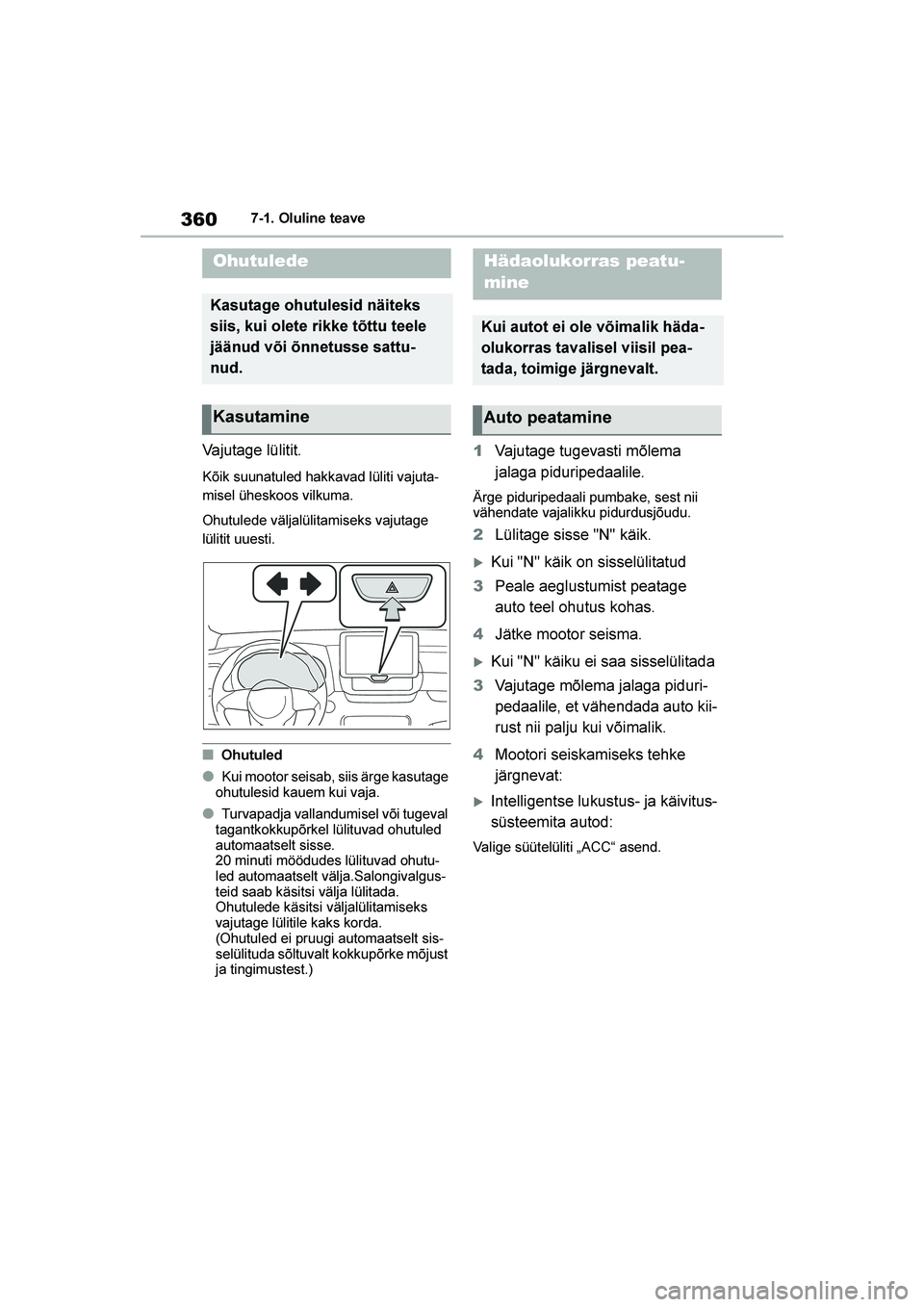 TOYOTA YARIS 2021  Kasutusjuhend (in Estonian) 360
YARIS(HB) Owners Manual_Europe_MK0001_EE
7-1. Oluline teave
7- 1. O lu li ne te ave
Vajutage lülitit.
Kõik suunatuled hakkavad lüliti vajuta-
misel üheskoos vilkuma.
Ohutulede väljalülitami