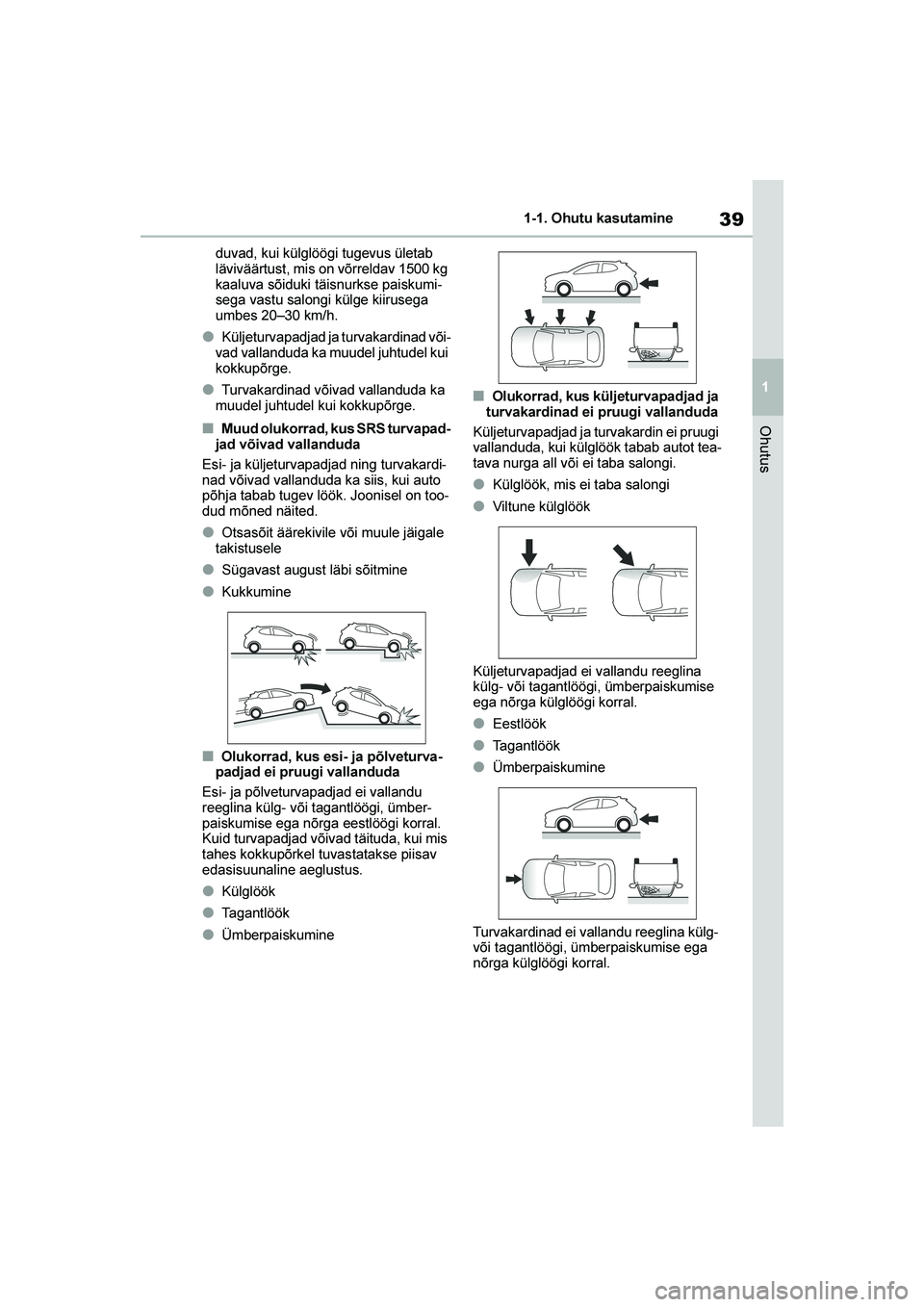 TOYOTA YARIS 2021  Kasutusjuhend (in Estonian) 39
1
YARIS(HB) Owners Manual_Europe_MK0001_EE
1-1. Ohutu kasutamine
Ohutus
duvad, kui külglöögi tugevus ületab 
läviväärtust, mis on võrreldav 1500 kg 
kaaluva sõiduki täisnurkse paiskumi-
