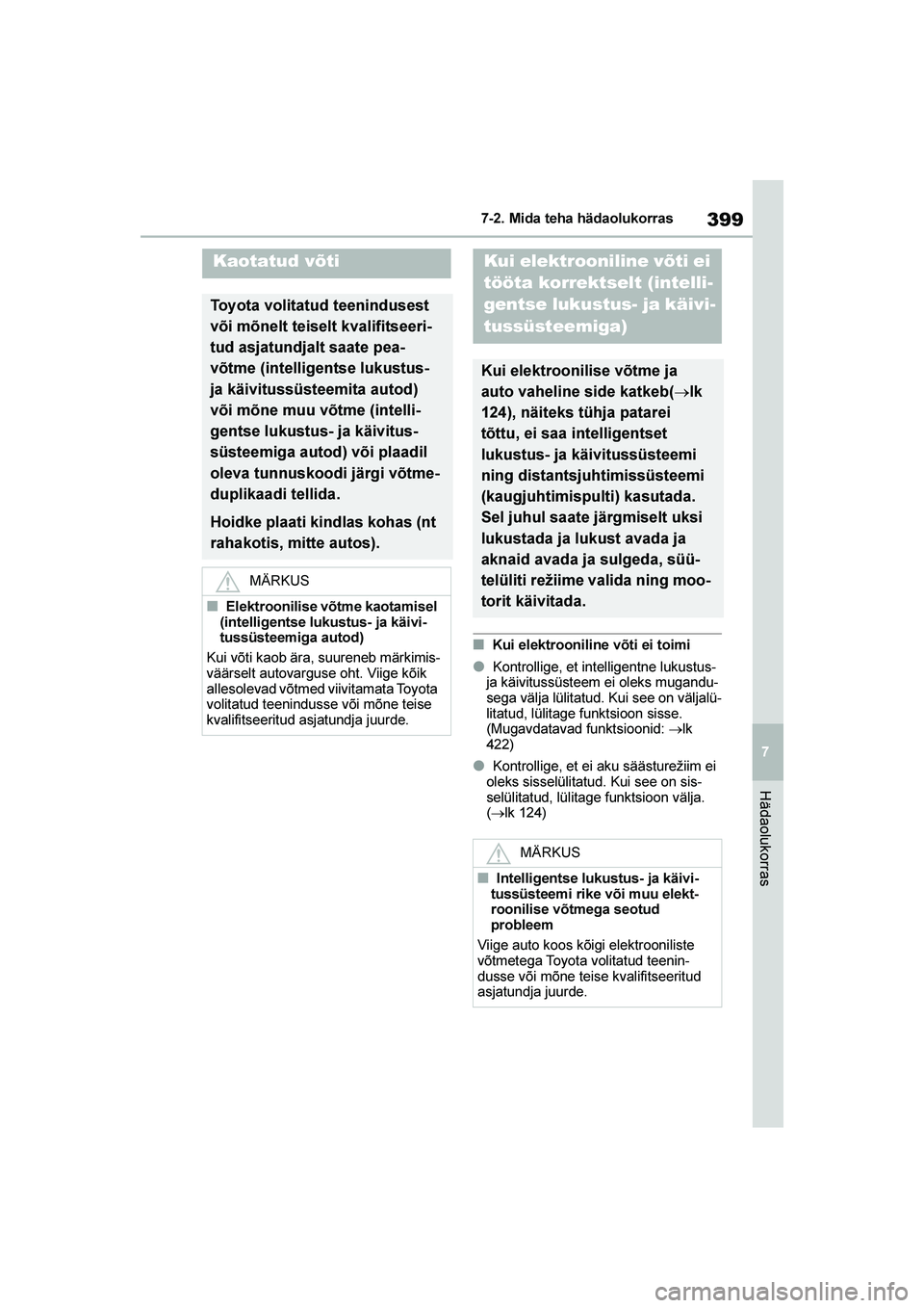 TOYOTA YARIS 2021  Kasutusjuhend (in Estonian) 399
7
YARIS(HB) Owners Manual_Europe_MK0001_EE
7-2. Mida teha hädaolukorras
Hädaolukorras
■Kui elektrooniline võti ei toimi
●Kontrollige, et intelligentne lukustus- 
ja käivitussüsteem ei ol