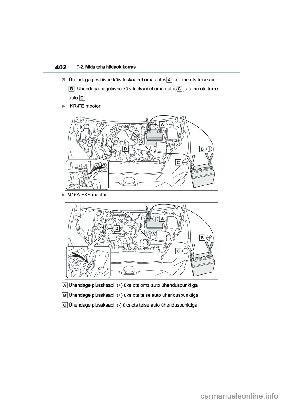 TOYOTA YARIS 2021  Kasutusjuhend (in Estonian) 402
YARIS(HB) Owners Manual_Europe_MK0001_EE
7-2. Mida teha hädaolukorras
3Ühendaga positiivne käivituskaabel oma autos  ja teine ots teise auto 
. Ühendaga negatiivne käivituskaabel oma autos  