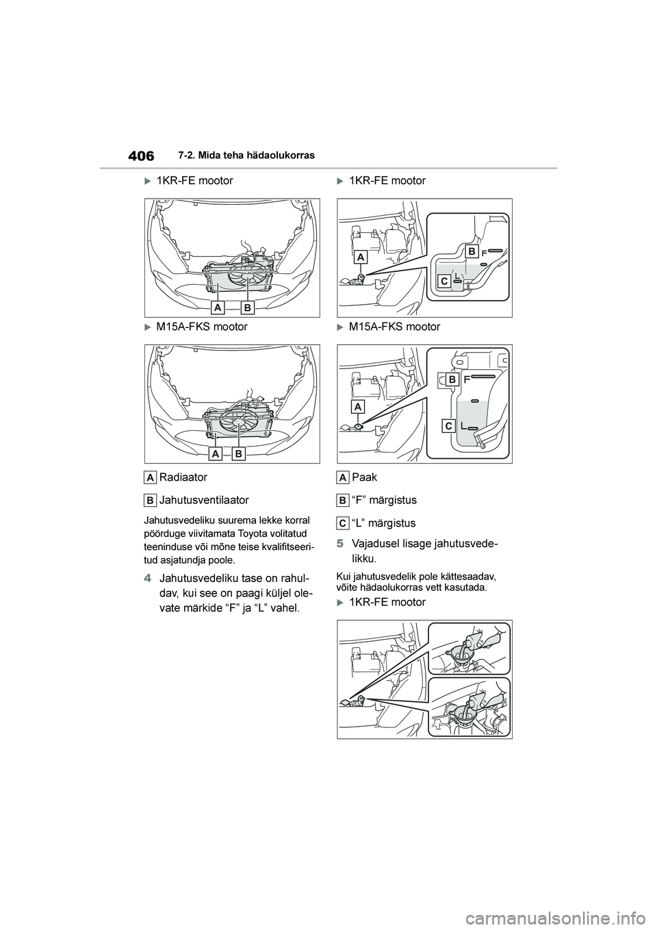TOYOTA YARIS 2021  Kasutusjuhend (in Estonian) 406
YARIS(HB) Owners Manual_Europe_MK0001_EE
7-2. Mida teha hädaolukorras
1KR-FE mootor
M15A-FKS mootorRadiaator
Jahutusventilaator
Jahutusvedeliku suurema lekke korral 
pöörduge viivitamata Toy